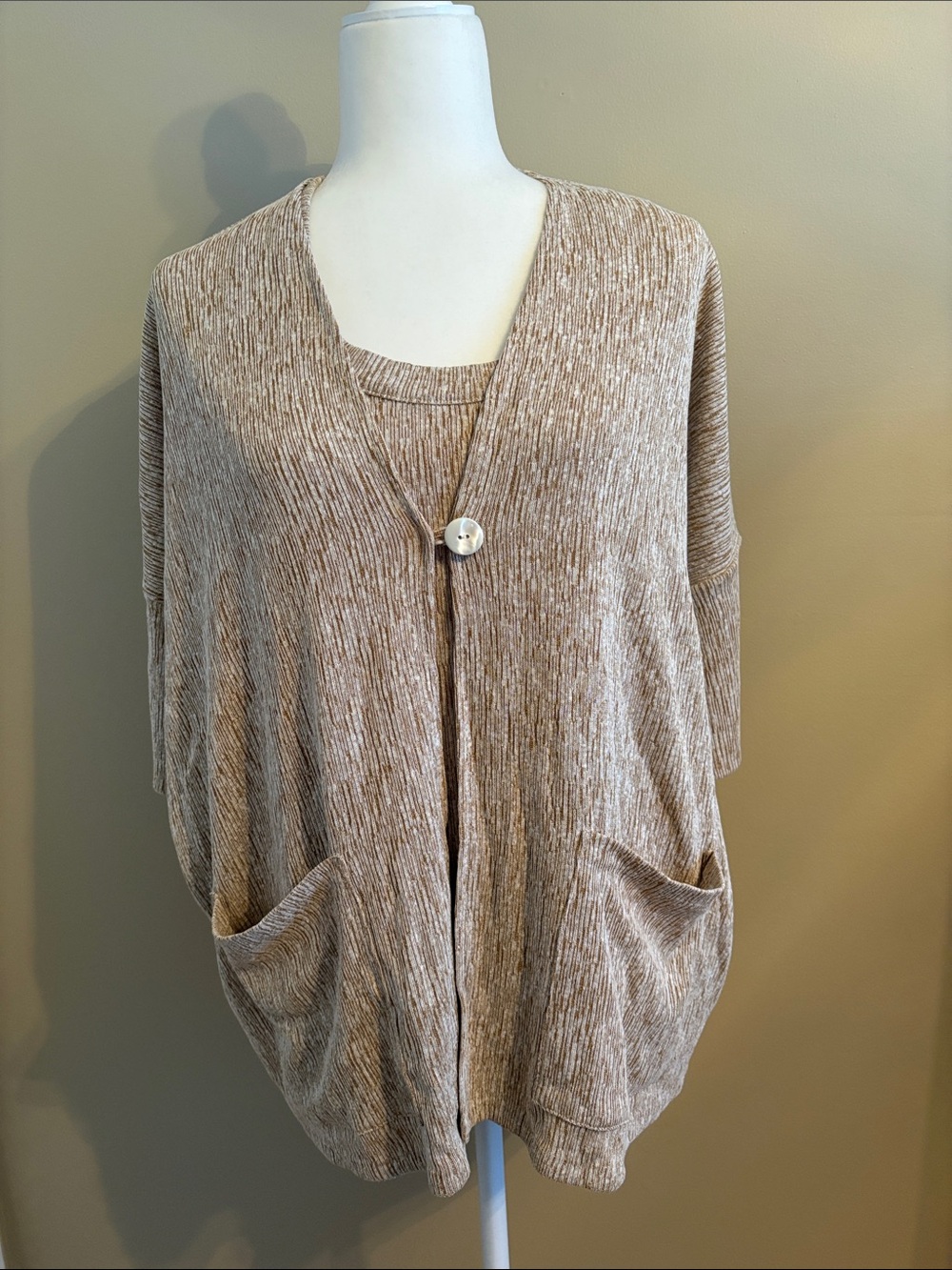 J. Jill Heathered Beige Open-Front Pocket Cardigan Set